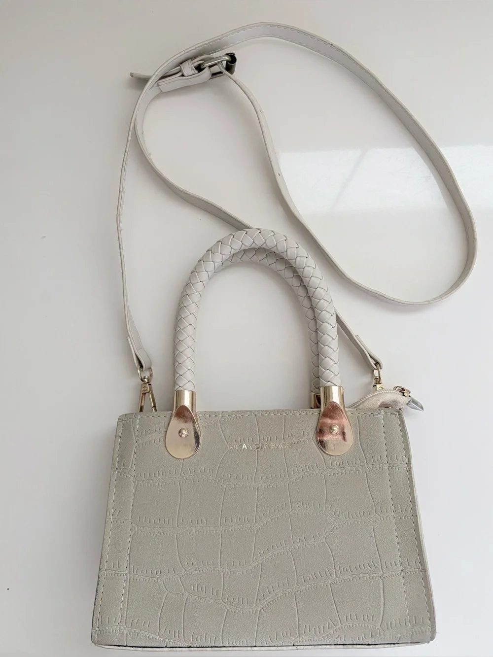 Women’s Cream Croc-Embossed Top-Handle Bag with Removable Strap Zipper Closure